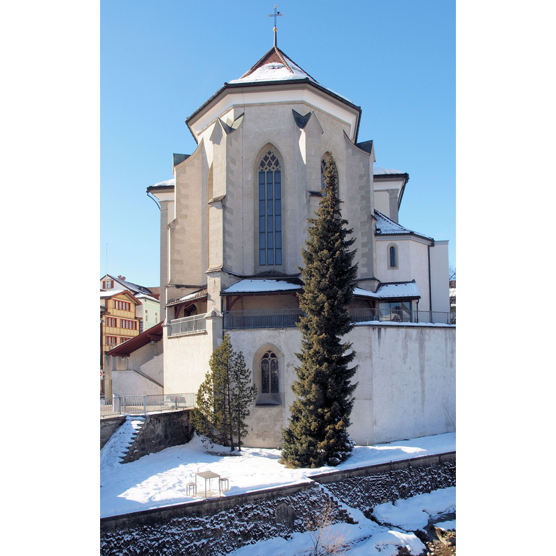 Source caption: "Ostansicht des Chores mit darunterliegender Krypta der Pfarrkirche von Appenzell."