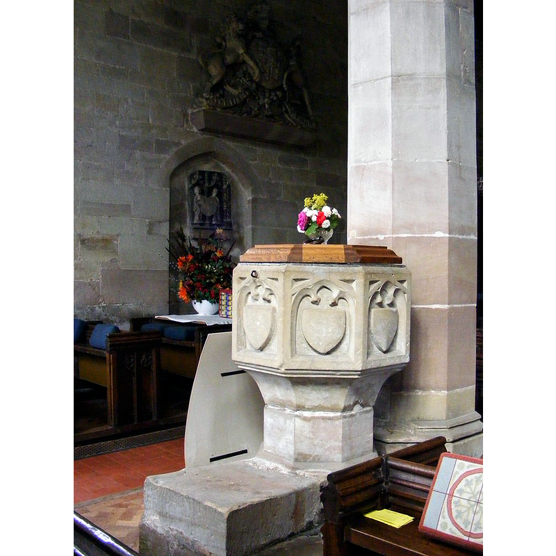 Source caption: "The view of the octagonal font inside St Bartholomew's Church, Tong.
"
