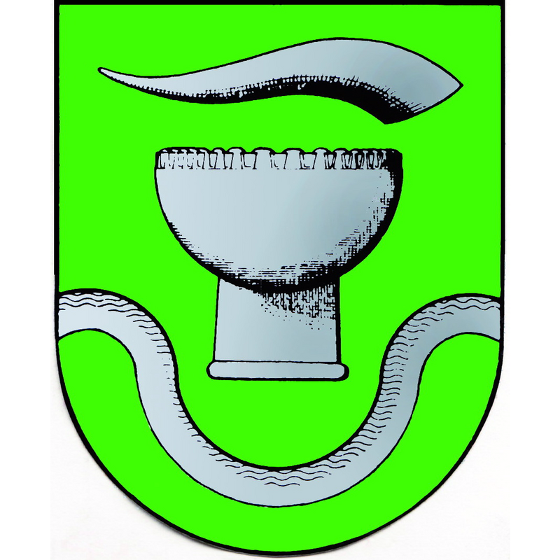 Source caption: "Wappenbegründung: Das 1985 eingeführte Wappen von Basse zeigt ein aus dem Wappen der Grafen von Wölpe stammendes Horn und darunter den romanischen Taufstein, die älteste vorhandene Steinmetzarbeit im Dorf. Er soll an die frühe Kirchengründung in Basse erinnern. Der mit einem großen Bogen dargestellte Balken/Fluss symbolisiert die Lage von Äckern und Weiden auf beiden Seiten der Leine."
