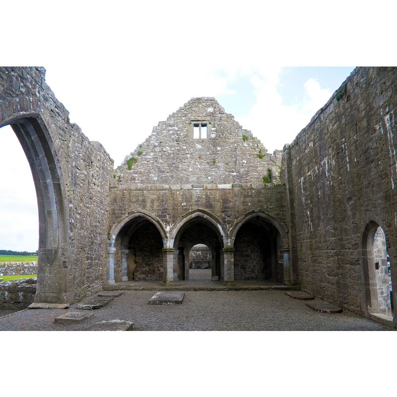 Source caption: "Clontuskert Priory, County Galway, Ireland. View of the nave, looking east. (The wall behind the rood gallery is an addition of the 17th century.)"
