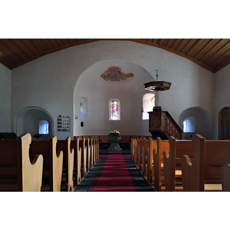 Source caption: "Wimmis, reformierte Kirche, Innenansicht in der ganzen behäbigen Breite gegen den Chor, nach Osten orientiert"