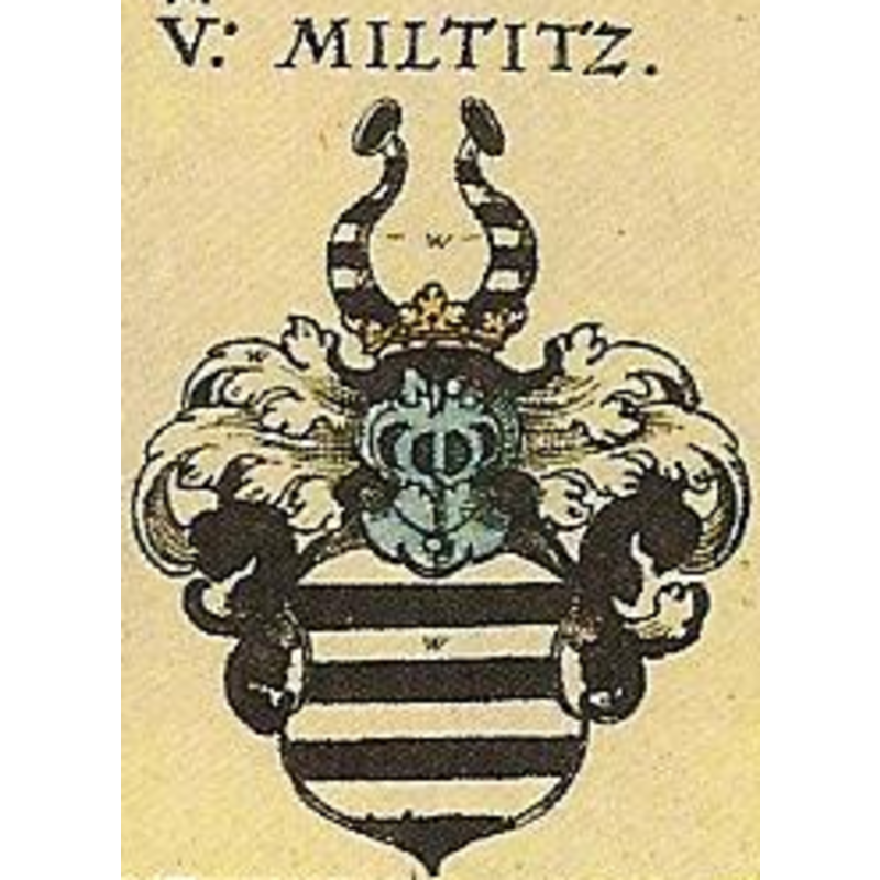 the coat of arms of the Miltitz family as illustrated in Johann Siebmacher's New Wappenbuch (1605: 155); it is very close to the representation on this font