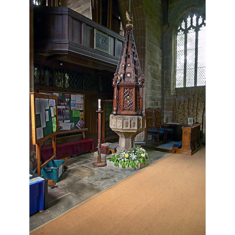 Source caption: "Church of St James the Great, Gawsworth. The font is 15th century, the ornate cover being added at the time of the Victorian restoration."