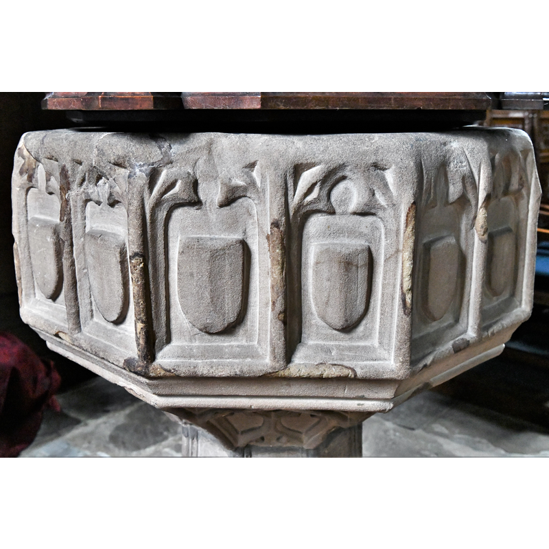 Source caption: "Gawsworth, St. James' Church: Octagonal c16th font with c19th stem"