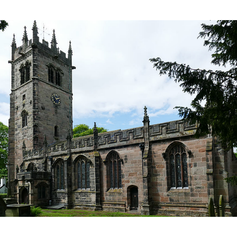 Source caption: "Gawsworth St James - south side. The main body of the church consists of a 4-bay nave and single-bay chancel, of the same height and in Perpendicular style. "