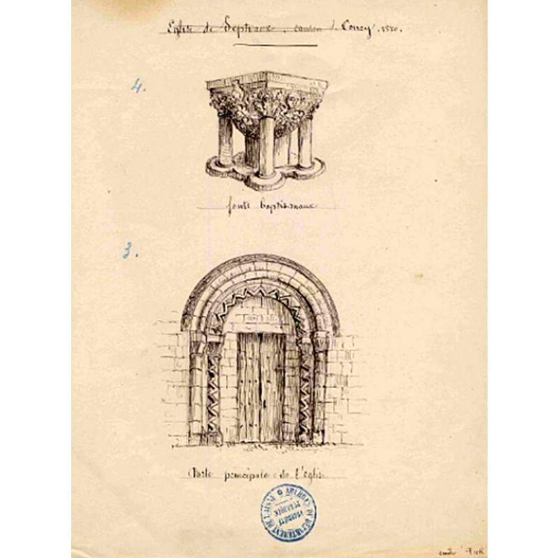 Source caption: "Eglise de Septvaux. Canton de Coucy. 1880./fonts baptismaux/Porte principale de l'eglise"