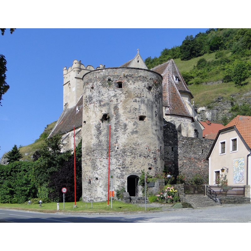 Source caption: "St. Michael in der Wachau" -- showing the detached tower and, to its right, the back of the ossuary in the foreground