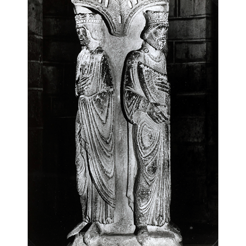 seen here on the right, with his harp