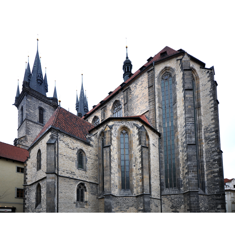 Source caption: "The Church of Our Lady before Týn (in Czech Kostel Matky Boží před Týnem, also Týnský chrám (Týn Church) or just Týn) is a dominant feature of the Old Town of Prague, Czech Republic, and has been the main church of this part of the city since the 14th century. The church's towers are 80 m high and topped by four small spires."