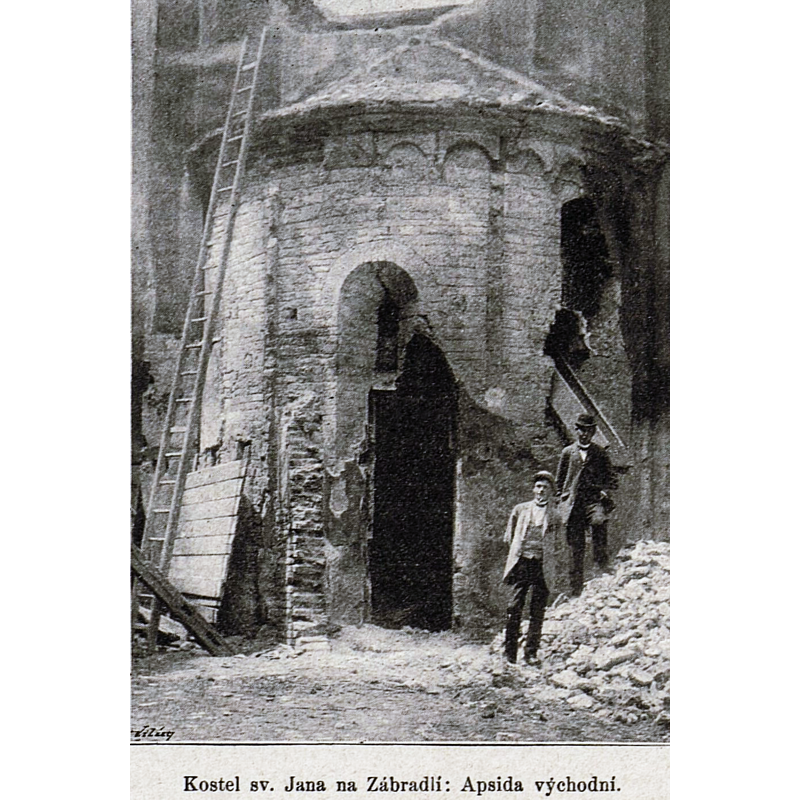 Source caption: "Kostel sv. Jana Křitele, stav před 1896, východní apsida" -- the church had been re-purposed in 1789, and was totally demolished in 1896