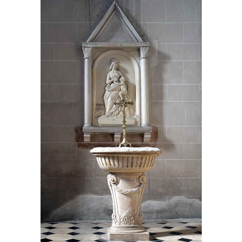 Source caption: "Katholische Pfarrkirche Notre-Dame-de-l'Assomption (Mariä Himmelfahrt) in Boigneville im Département Essonne (Île-de-France/Frankreich), Taufbecken aus dem 17. Jahrhundert"