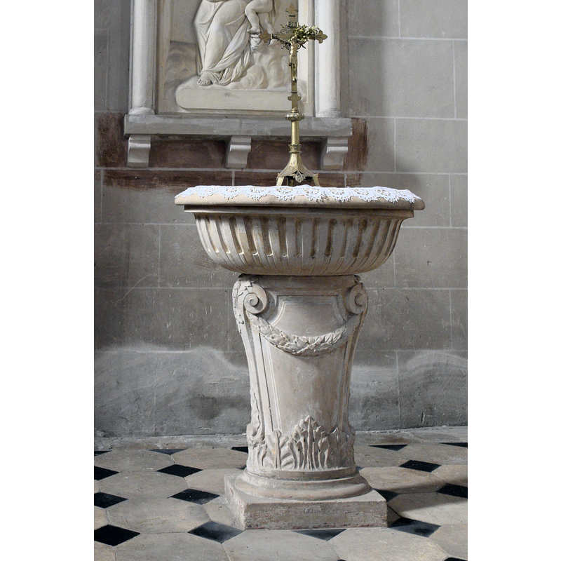Source caption: "Katholische Pfarrkirche Notre-Dame-de-l'Assomption (Mariä Himmelfahrt) in Boigneville im Département Essonne (Île-de-France/Frankreich), Taufbecken aus dem 17. Jahrhundert"