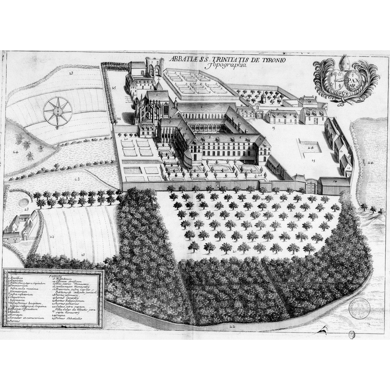 Source caption: "Abbey of Tiron, at Thiron-Gardais, engraving from Monasticon Gallicanum, 17th cent."