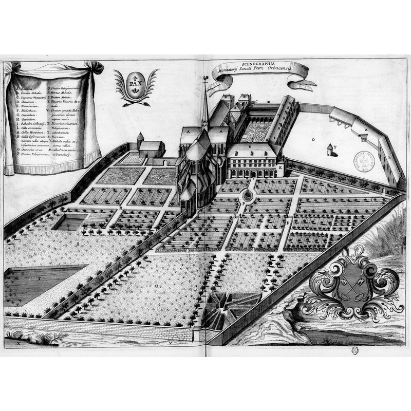 Source caption: "Planche gravée du 17ème siècle représentant l'abbaye Saint-Pierre d'Orbais, dans le livre Monasticon Gallicanum."
