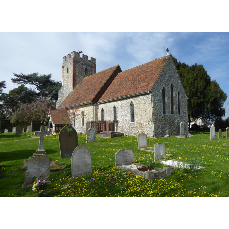 Source caption: "St Mary's Norton is approached up a track through an orchard. The nave and lower chancel are Norman and are unusually long. There is a blocked Norman north doorway. Other parts of the church date from the 13th and 14th centuries. The tower was trimmed with red brick in the 18th century and a timber south porch was added in 1872."