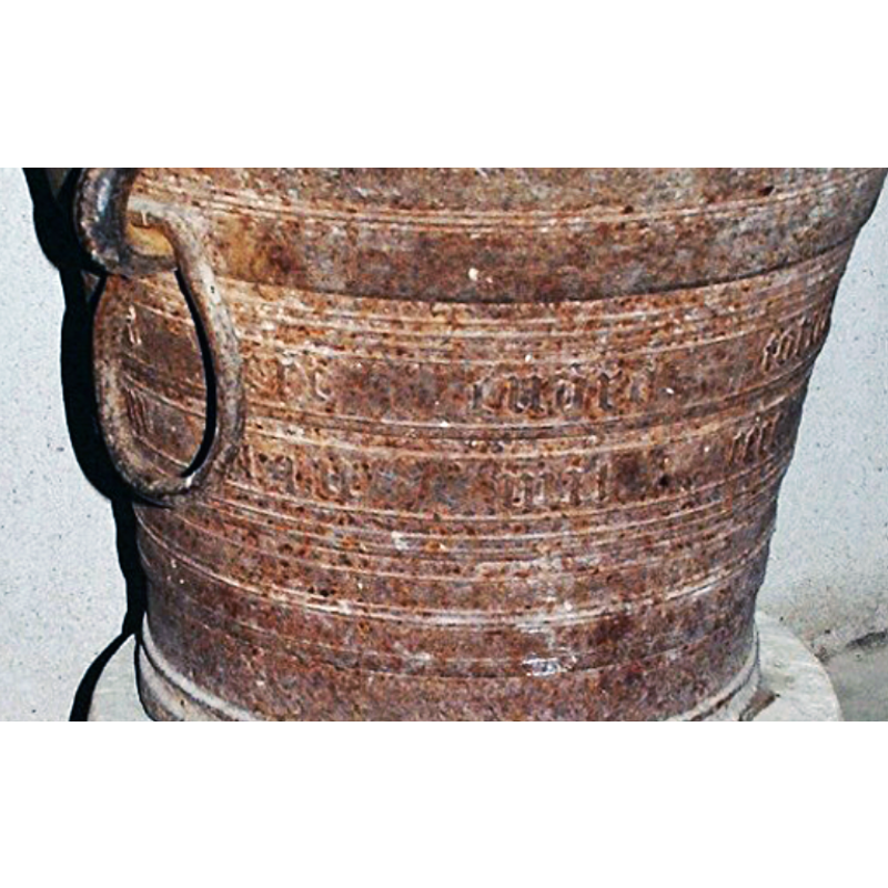 inscription that mentions the date 1494 spelled out in French, the word 'faict' and the forge where it was cast [cf. FontNotes]