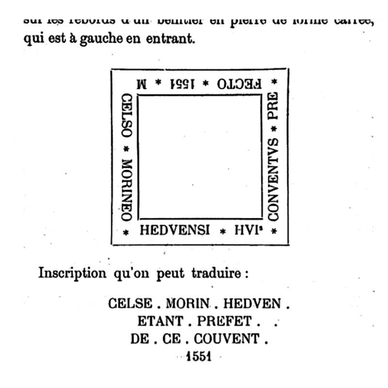 the Latin inscription around the upper rim of the basin, and a translation into French [cf. FontNotes]