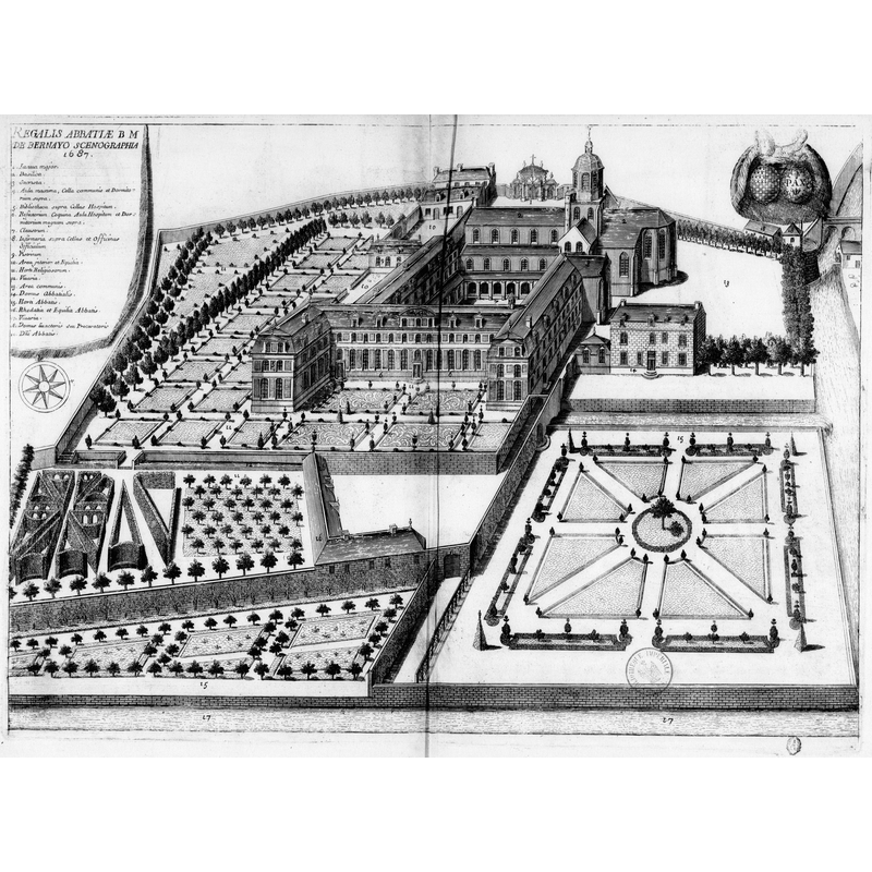 Source caption: "Planche gravée du 17ème siècle représentant l'abbaye Notre-Dame de Bernay, dans le livre Monasticon Gallicanum."