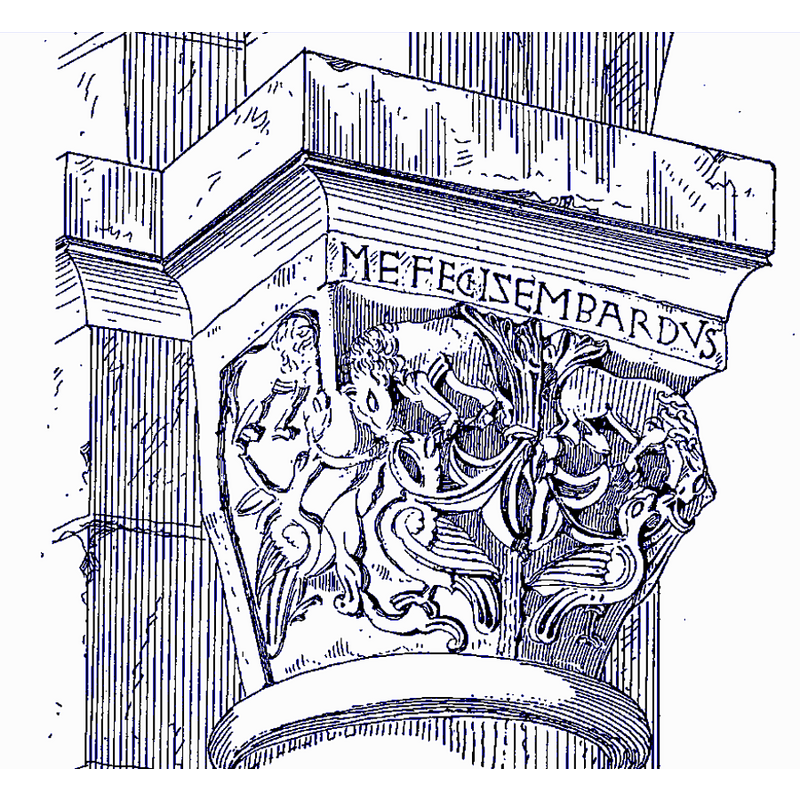 Source caption: "Abbaye de Bernay, sculpture d'Isembart (image du domaine public modifiée, Congrès archéologique de Caen en 1909)"