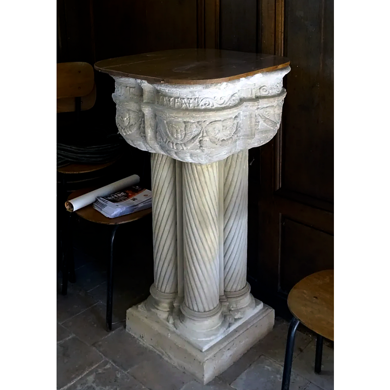 Source caption: "Fonts baptismaux de l'Église Sainte-Colombe de Porte-Joie [...] 16e siècle" -- obviousle restored and on a new pedestal base