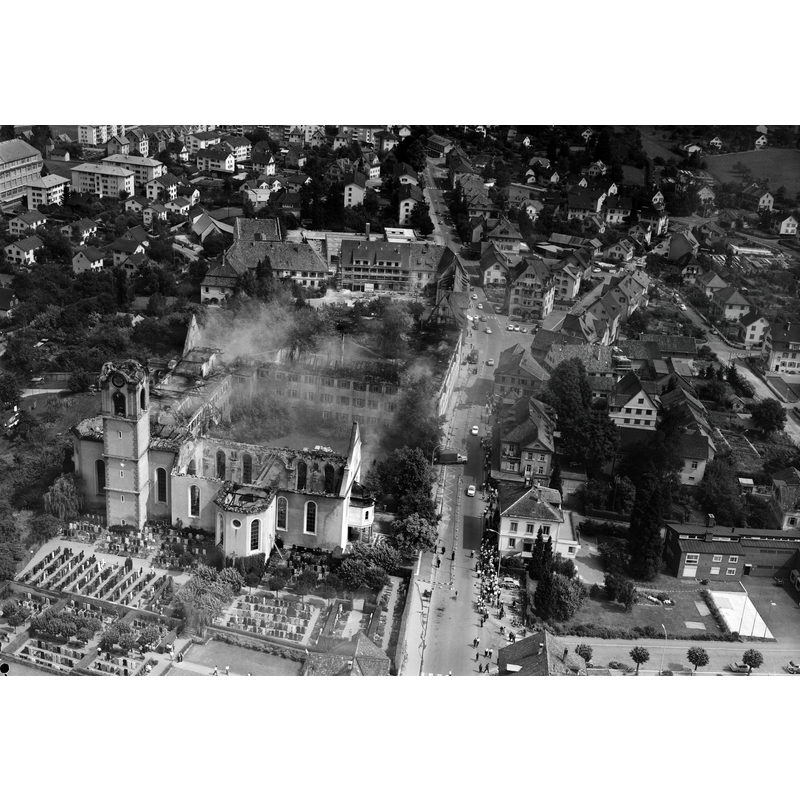 "On 20.07.1963 at 2 o'clock in the night a fire broke out in the teachers' seminary. The fire spread to the adjoining, famous monastery church and destroyed it completely. The cause of the fire was welding work in the teachers' seminary. The church and the monastery buildings were faithfully reconstructed between 1963 and 1967" [https://ba.e-pics.ethz.ch/catalog/ETHBIB.Bildarchiv/r/12082/viewmode=infoview] [accessed 22 October 2023]