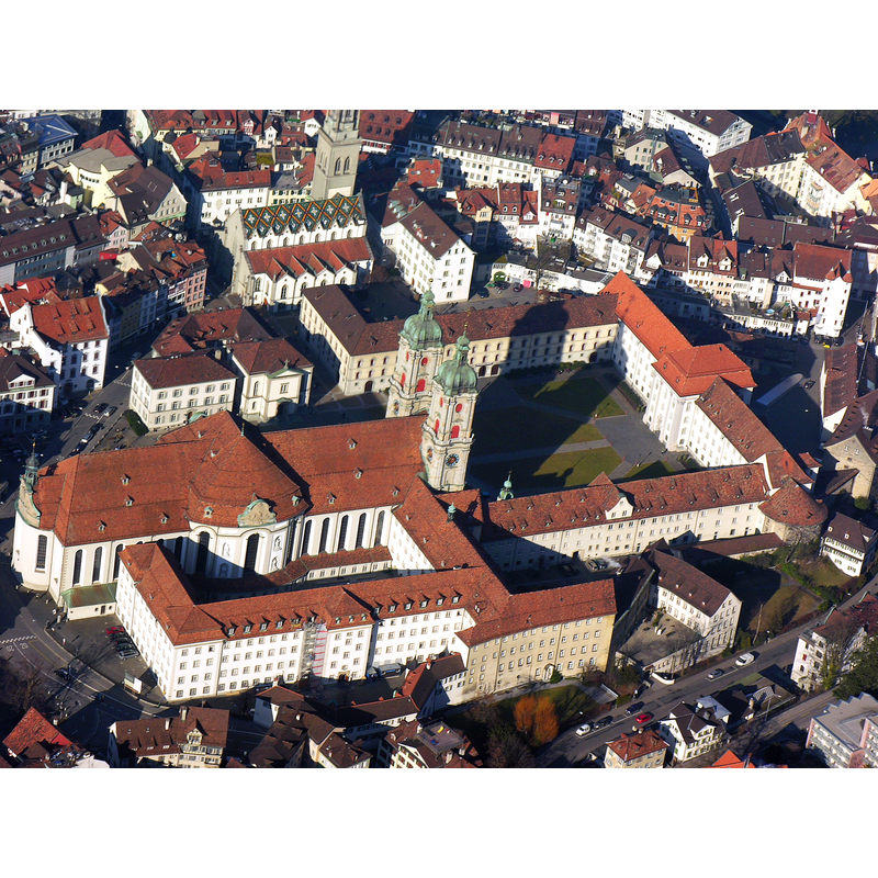 Source caption: "Aerial View of the Convent of St. Gall" -- the abbey in the foreground; the Reforned parish church of St. Laurenzen in the background