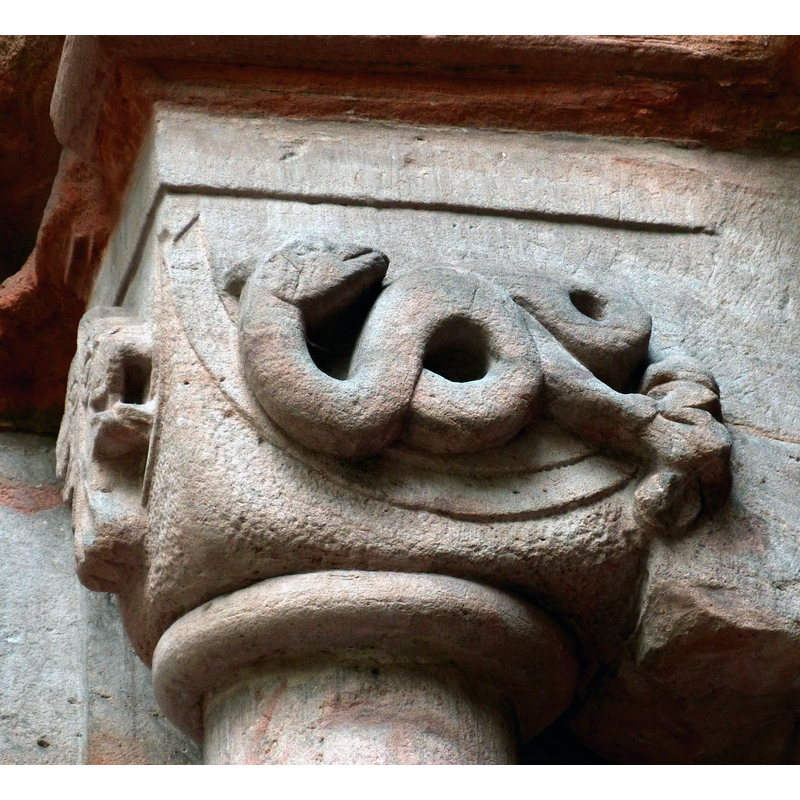 Source caption: "Kloster Paulinzella ( Thüringen ). Klosterkirche ( 12. Jhdt. ) - Westportal: Romanisches Kapitell mit Relief einer Schlange (?)"