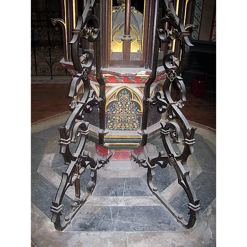 the late-19thC font, baldaquin and cover -- showing the metal structure of the baldaquin