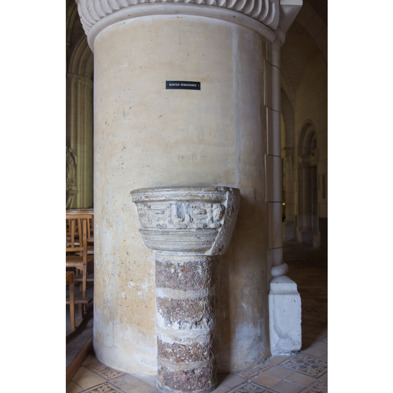 Source caption: "bénitier [sud] de l'église Notre-Dame de Verneuil-sur-Avre // Verneuil-sur-Avre - Eure - France" -- one of two decorated stoups in this church;  this one, from the Renaissance, located on the south side of the west end