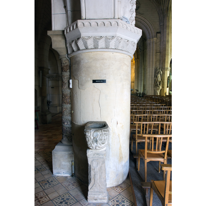 Source caption: "bénitier [nord] de l'église Notre-Dame de Verneuil-sur-Avre // Verneuil-sur-Avre - Eure - France" -- one of two decorated stoups in this church;  this one, listed as being 12thC,, located on the north side of the west end