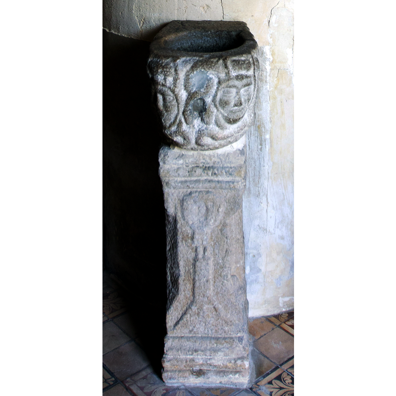 Source caption: "bénitier [nord] de l'église Notre-Dame de Verneuil-sur-Avre // Verneuil-sur-Avre - Eure - France" -- one of two decorated stoups in this church;  this one, listed as being 12thC,, located on the north side of the west end