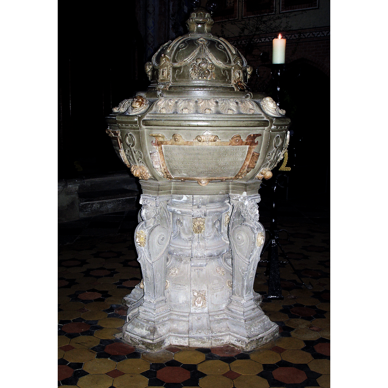 Source caption: "Guestrow Dom Taufstein 1591"