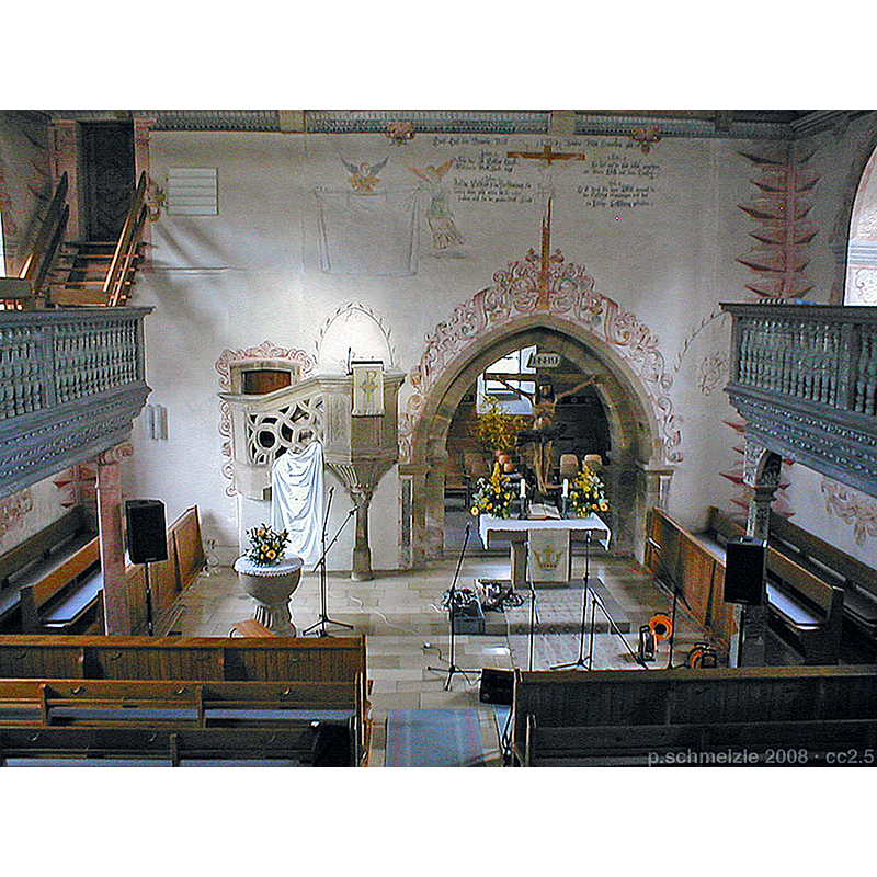 Source caption: "Evangelische Lambertuskirche in Pfaffenhofen (Württ.), Blick von der Empore zum Turmchor" -- showing the baptismal font on the left of the image