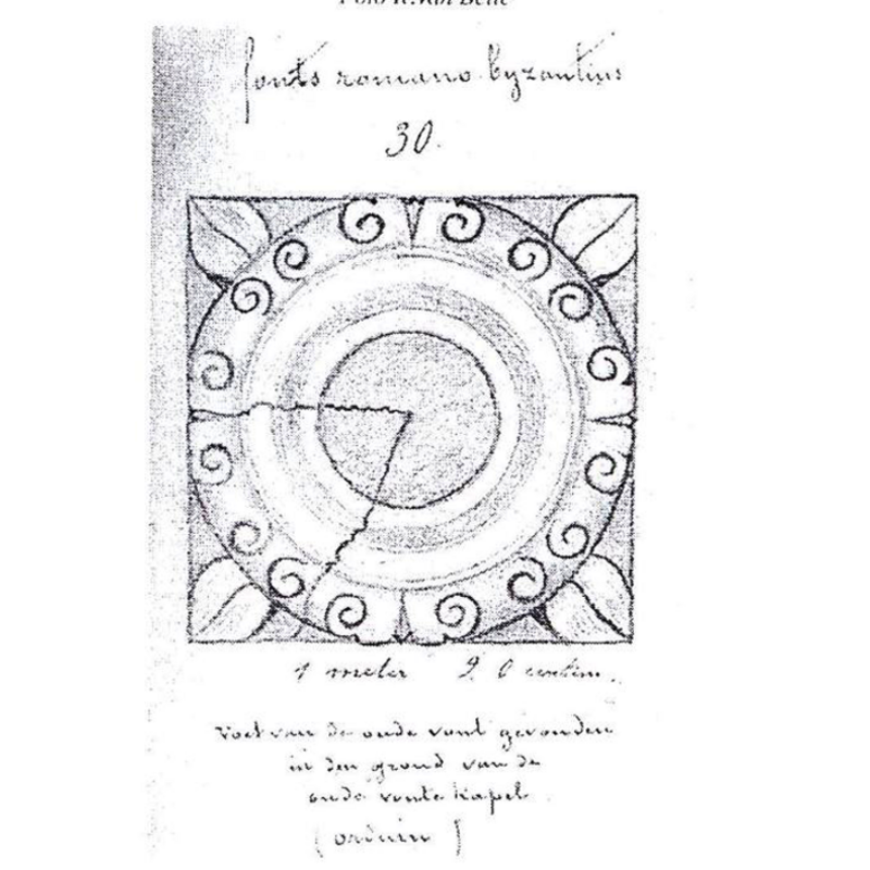 the lower base of the Romanesque font is reconstructed in this drawing; the small section shown in the drawing corresponds to one of the fragments, now extant, that are exhibited in Le Petit Musée, Loppem Castle at Zedelgem-Loppem [cf. FontNotes]