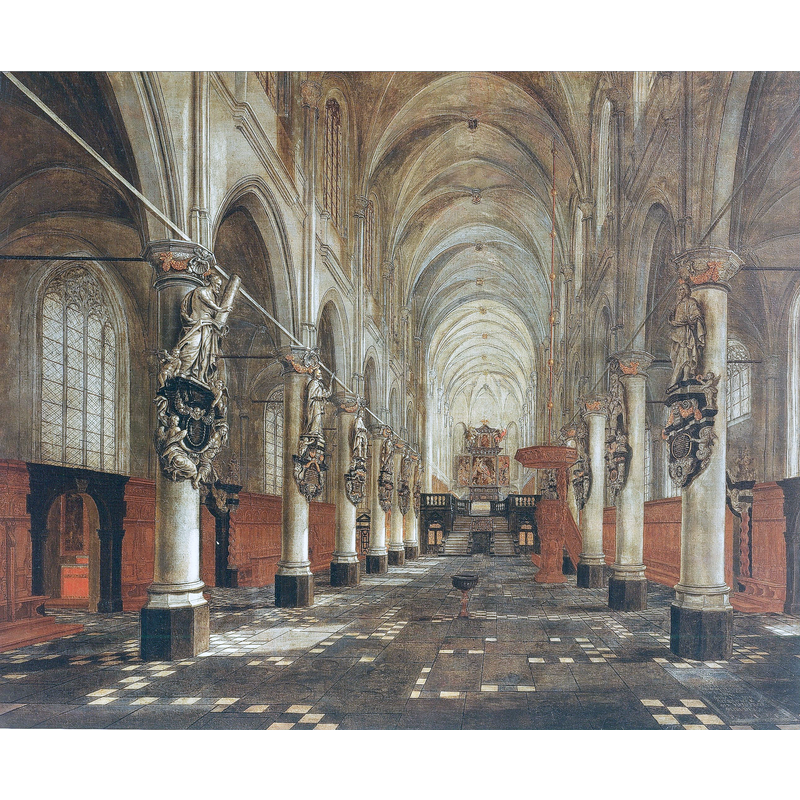 "In 1661, the Antwerp architectural painter Antoon Gunther Gheringh painted an interior view of St Walburgis Church. In the middle of the nave stands a stoup."