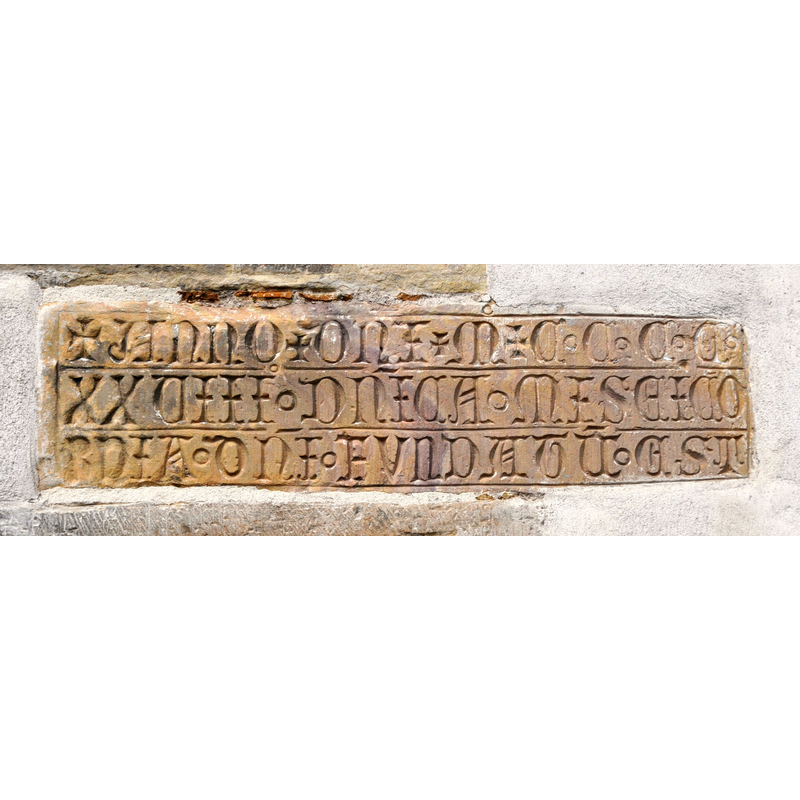 Source caption: "Nottleben, Kirche, Mauerstein mit Inschrift" -- bearing the date of the foundation of the church