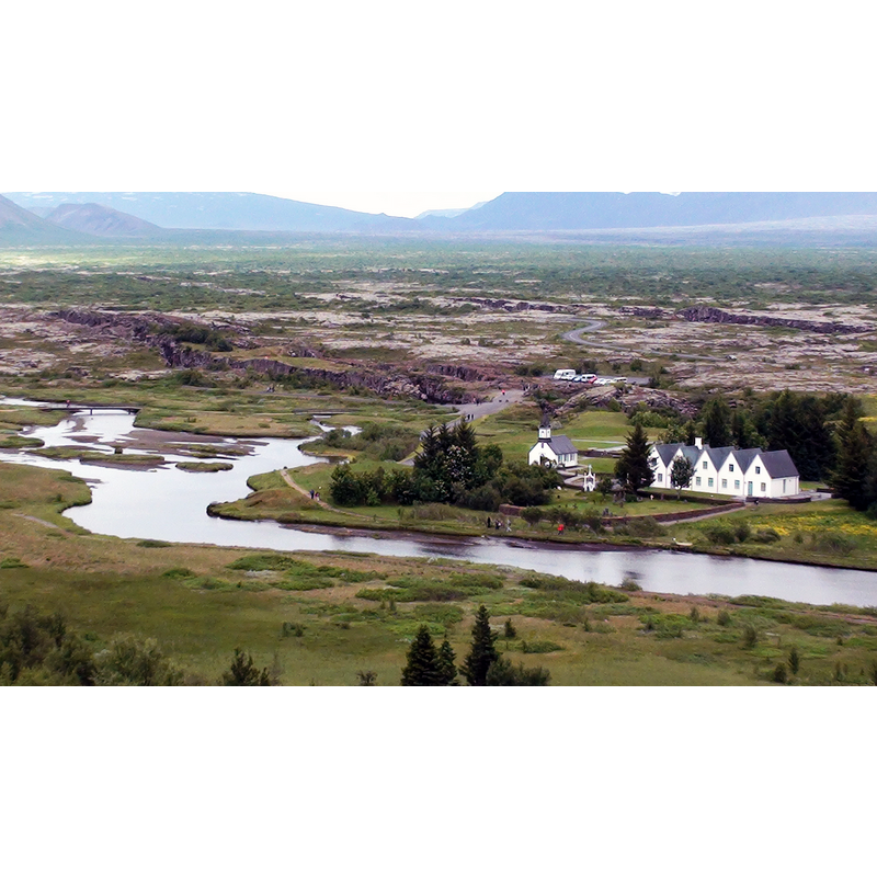 Source caption: "Buildings and surroundings at Lögberg (Þingvellir) in Iceland"