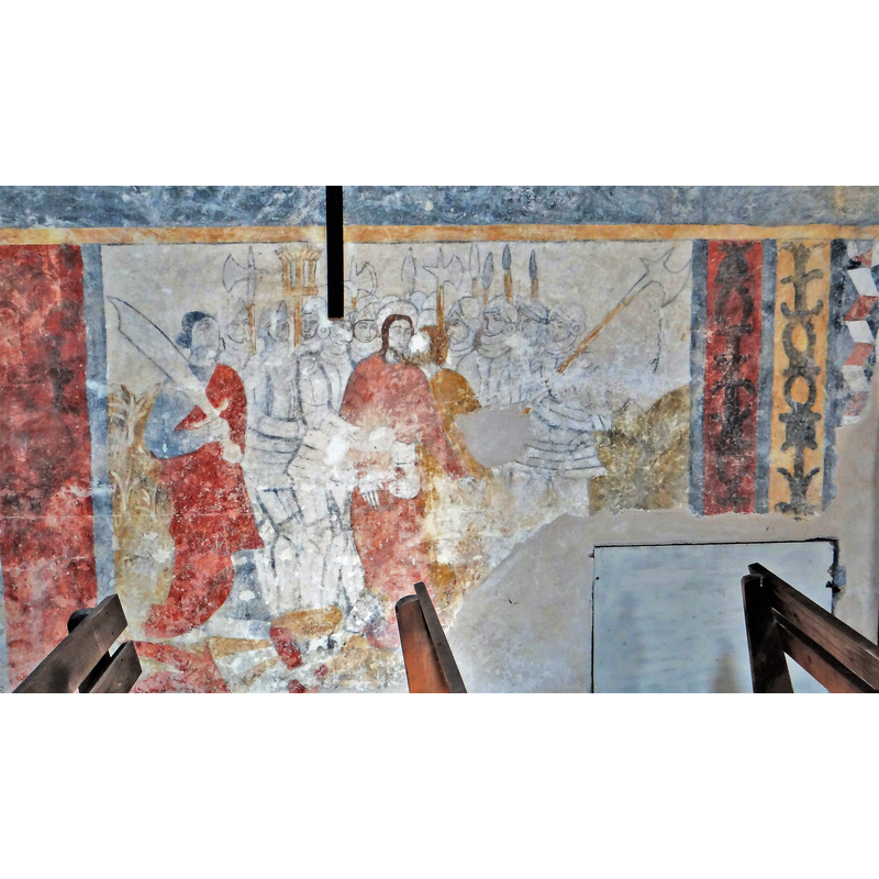 Source caption: " La Masse - Église Saint-Perdufle - Peinture murale de la Passion du Christ : Baiser de Judas" -- date duggested in Mérimée: "début du 16e siècle" [https://www.pop.culture.gouv.fr/notice/merimee/PA00095115] [accessed 3 February 2024]