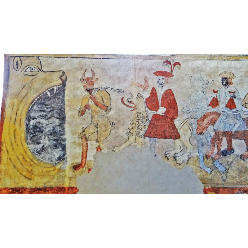 Source caption: 'La Masse - Église Saint-Perdufle - Cortège des sept péchés capitaux : Le Léviathan bouche ouverte avec un diable tirant la chaîne tenant l'orgueil suivi par l'avarice" -- dated in Palissy "1er quart 16e siècle" [https://www.pop.culture.gouv.fr/notice/palissy/PM46000171] [accessed 3 February 2024]