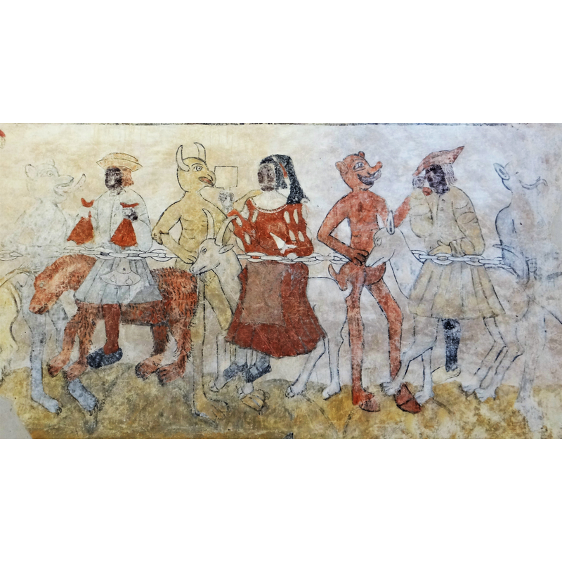 Source caption: "La Masse - Église Saint-Perdufle - Cortège des sept péchés capitaux : L'avarice suivie par la luxure et l'envie " -- dated in Palissy "1er quart 16e siècle" [https://www.pop.culture.gouv.fr/notice/palissy/PM46000171] [accessed 3 February 2024]