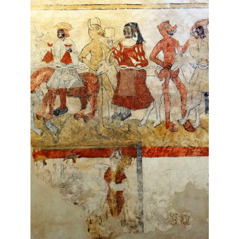 Source caption: "La Masse - Église Saint-Perdufle - Cortège des sept péchés capitaux : Sous la frise des péchés capitaux, le vestige d'une peinture représentant un évêque" -- dated in Palissy "1er quart 16e siècle" [https://www.pop.culture.gouv.fr/notice/palissy/PM46000171] [accessed 3 February 2024]