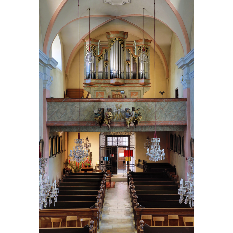 Source caption: " Innenansicht der röm.-kath. Stadtpfarrkirche „St. Philipp und Jakob“ in der niederösterreichischen Stadt Hainburg an der Donau in Richtung Orgelempore."