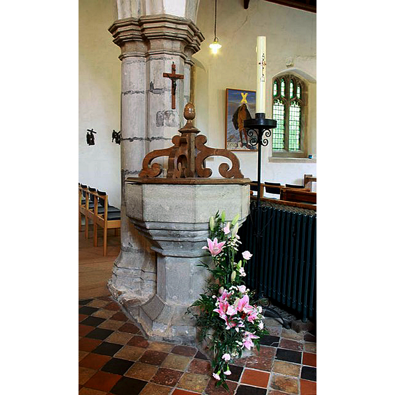 Source caption: "St Andrew, Sandon, Essex - Font