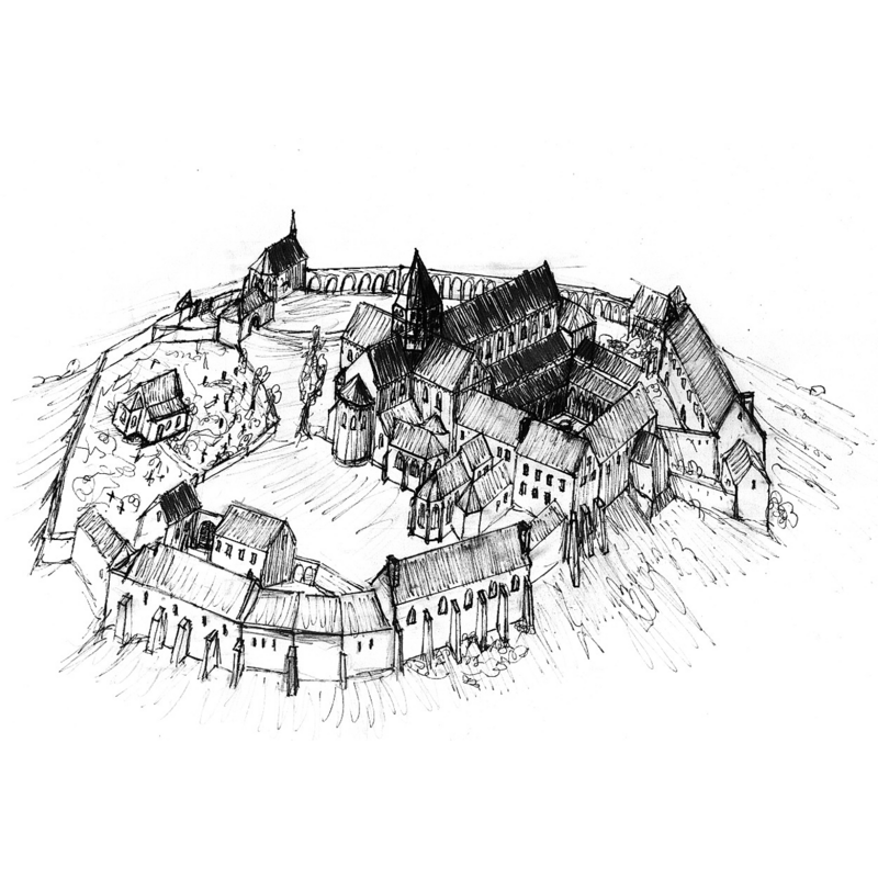Source caption: "Kloster Disibodenberg, Rekonstruktionsversuch der mittelalterlichen Klosteranlage um 1500"