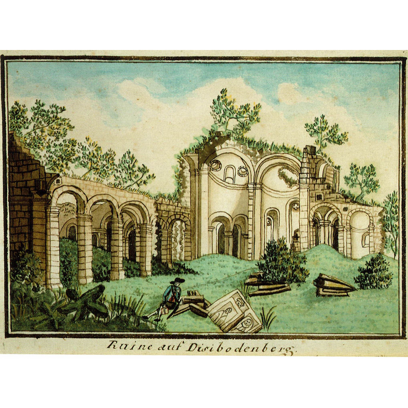 Source caption: "Innenansicht der Kirchenruine Disibodenberg. Privatsammlung v. Racknitz"