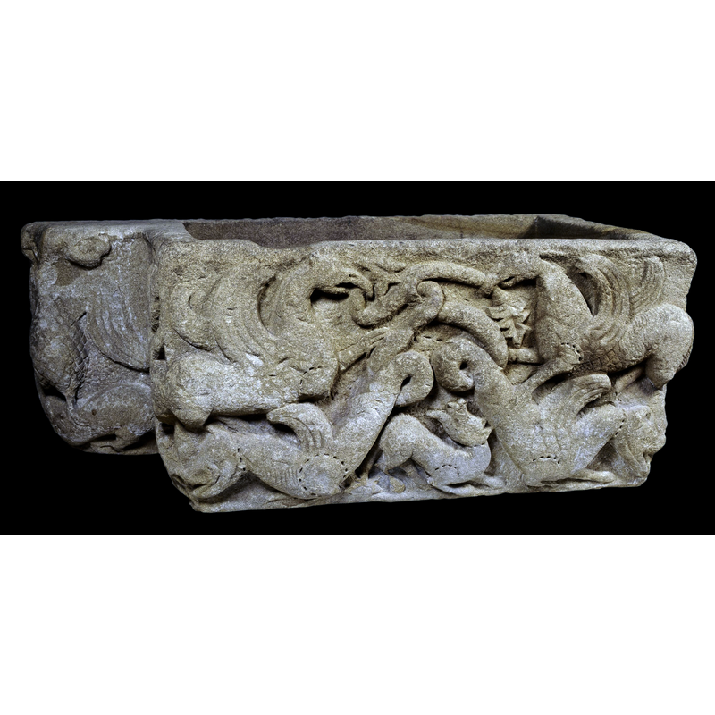 caption in the Museum photograph: "Keltertrog / Architekturfragment aus dem Kloster Disibodenberg" -- no mention of the previous photos identification as font