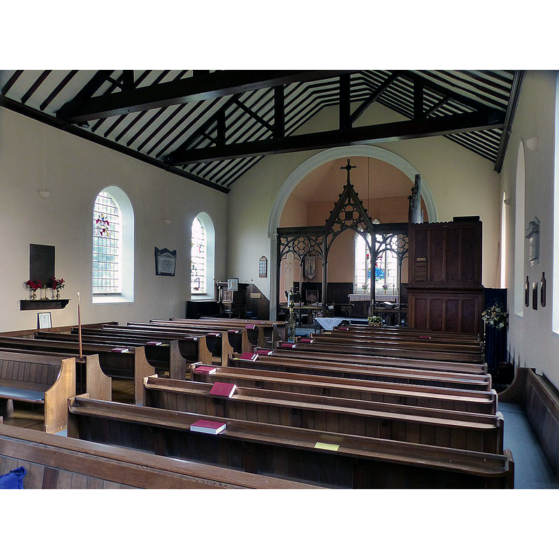 Source caption: "Church of St Mary, Bosley. Interior looking east. Victorian bench pews and early 20th century screen."