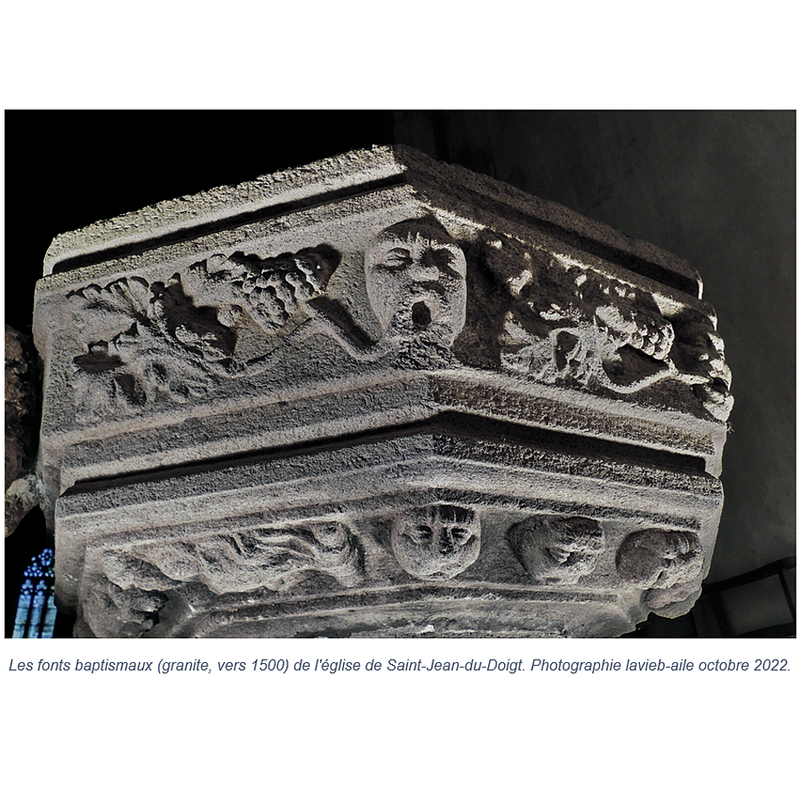 this head has one one vine issuing from the mouth, and it extends to the left of the viewer -- the vine that is visible on the right panel belongs to the head at the opposite side, on the right