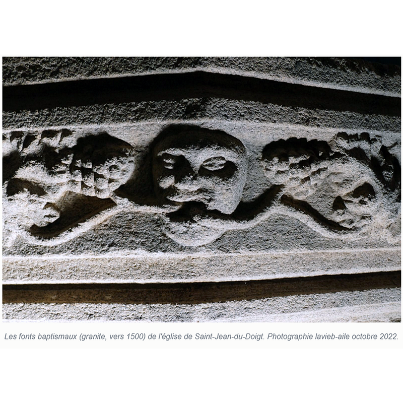 somewhat similar to the head on its left byt this one has two grapevines issuing from its mouth, running in opposite directions, left and right