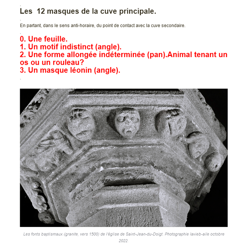 a variety of motifs decorate the underbowl of the main basin, including twelve face/head/masks, of which one looks like a lion, a leaf, and a couchant animal (?) holding an object (bone?/roll?)